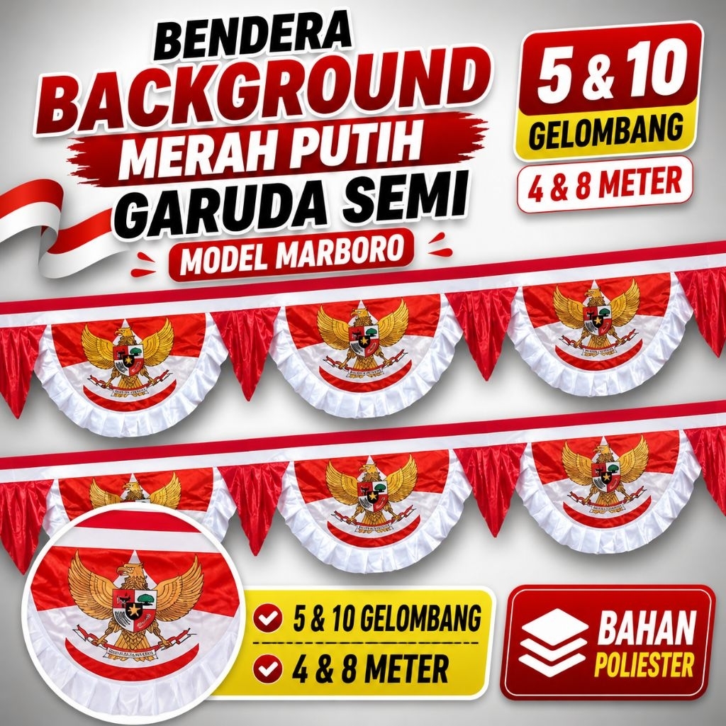 BENDERA - Background Merah Putih Garuda Semi Model Marboro (10 & 5 Gelombang)