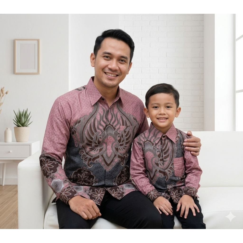 kemeja batik warna dusty pink couple ayah dan anak lengan panjang