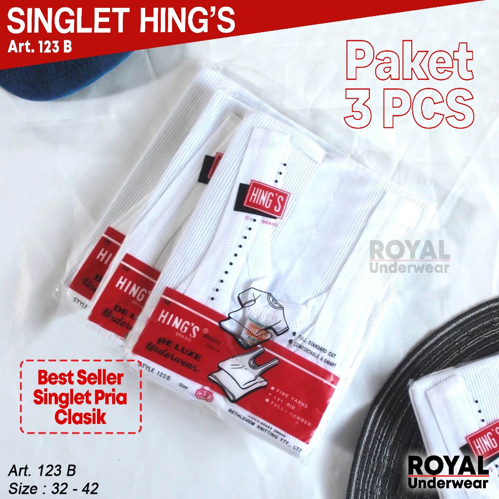3 PCS - Singlet Pria HING'S 123 B Hings Hing | Kaos Dalem Pria Ukuran 32 - 42 | Katun Adem 100 % Ori