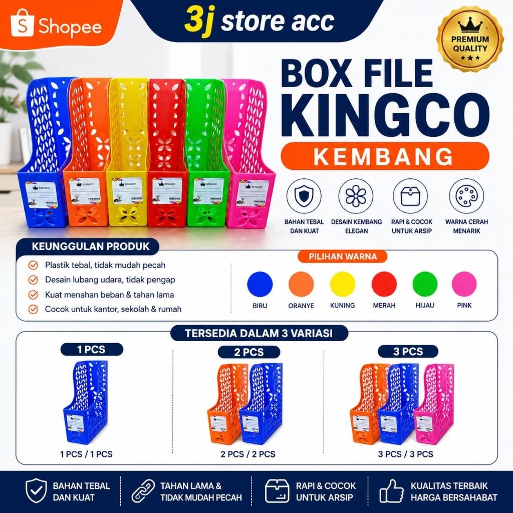 Box File KINGCO Kembang Warna Rak Arsip Dokumen Organizer Plastik Tebal Tempat File Buku Majalah Kan