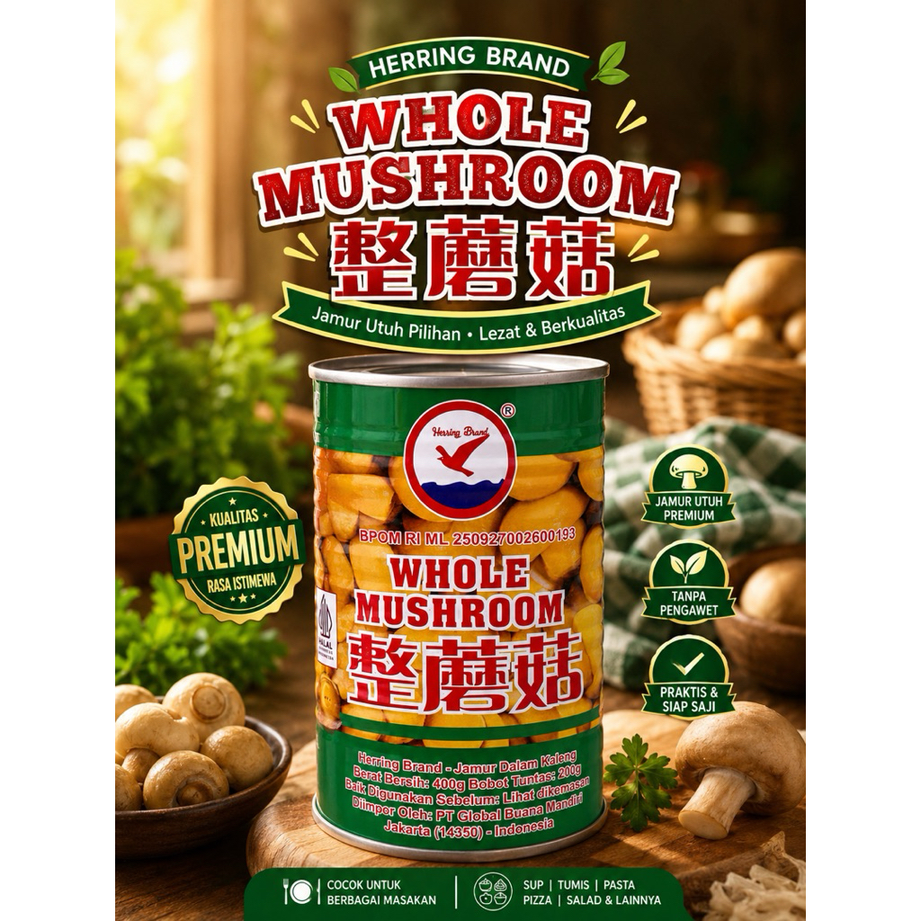 Herring Brand Jamur Kancing Kaleng 400gr Halal Whole Mushroom