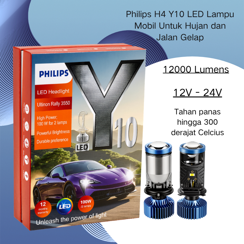 Philips H4 Y10 LED Lampu Mobil 100W Ultra Terang 13500 Lumens