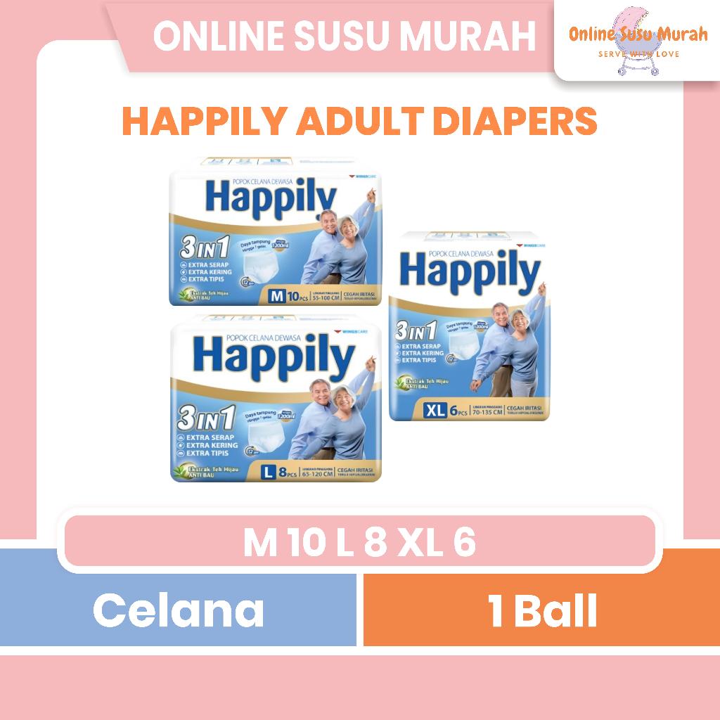 HAPPILY POPOK CELANA DEWASA 3IN1 M10 L8 XL6 DIAPERS ADULT M 10 L 8 XL 6 PPKS