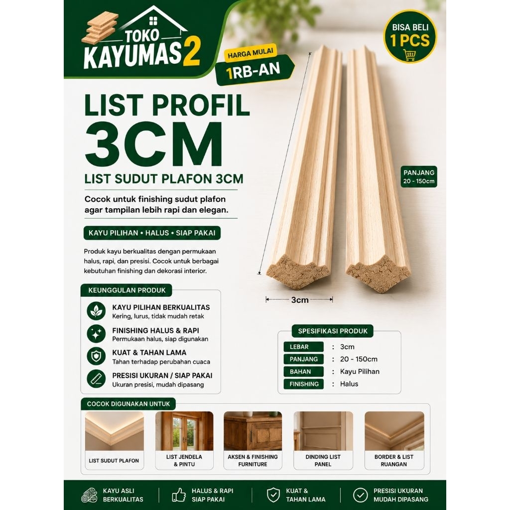 Kayu Lis Profil 3cm – List Sudut Plafon Halus Siap Pakai