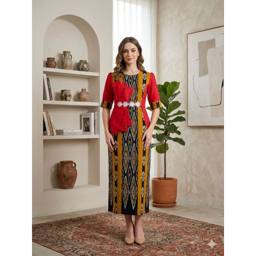 Dress panjang afizah etnik merah kuning, bahan 100% tenun dan kombinasi polos katun toyobo