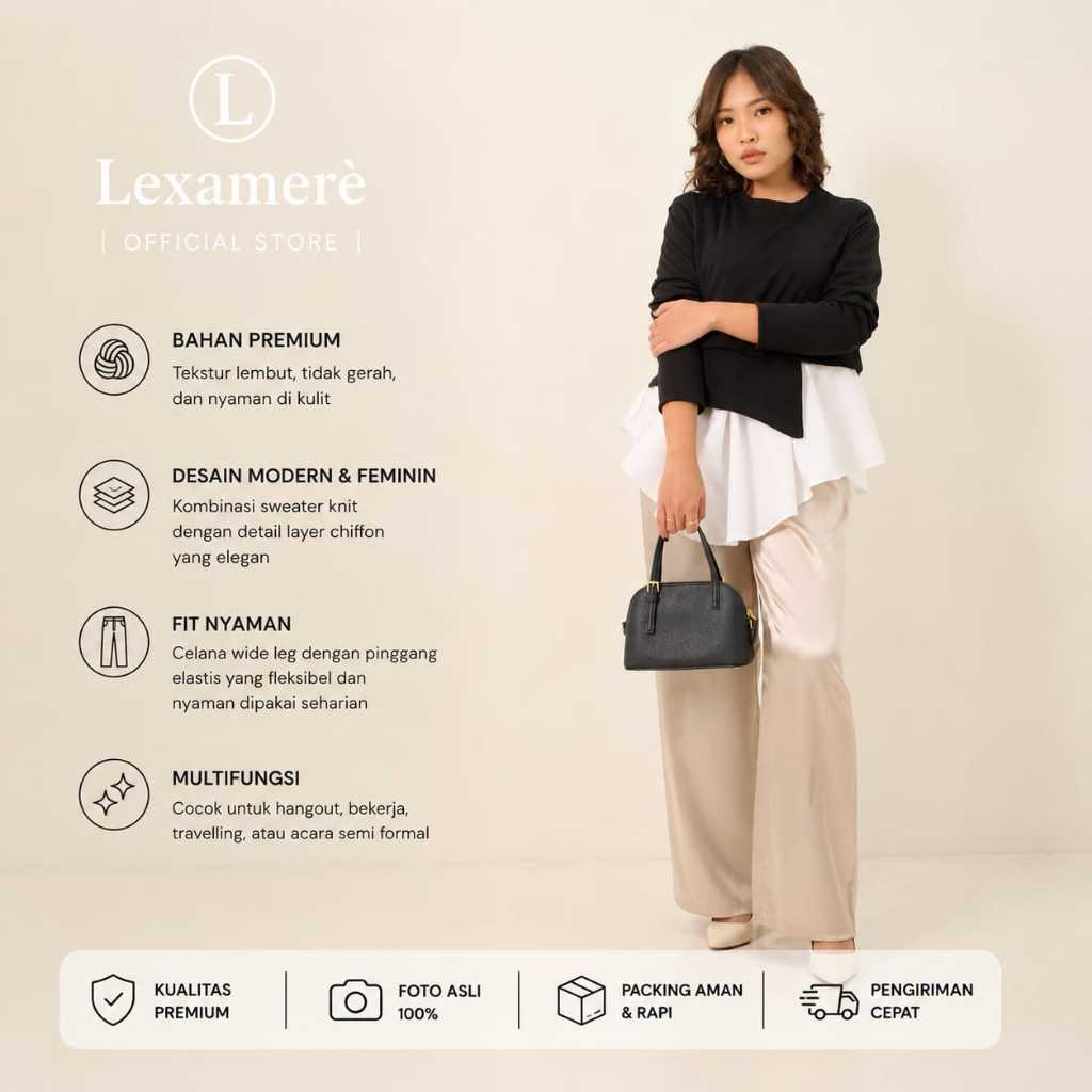 Lexamere - [ONE SET SETELAN] Ruby Layered Top + Diora Pants Champagne Paket Hemat