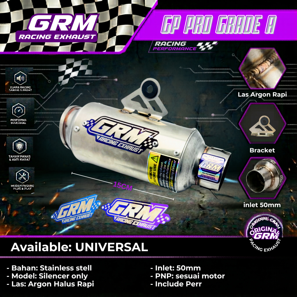 Silencer Knalpot GRM GP pro 15CM 50mm Universal Aerox MX135  MXking Sonic Supra FU Jupiter Stainless