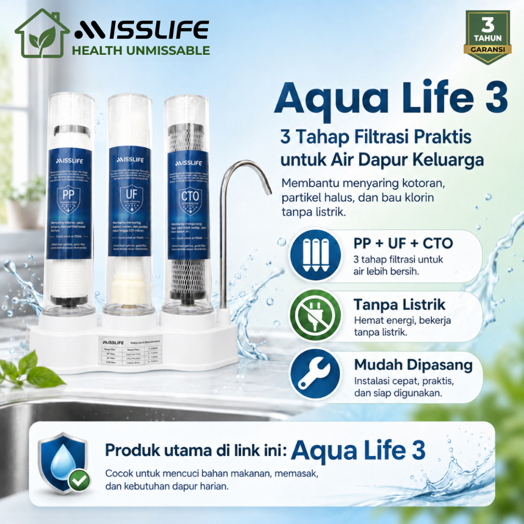 MISS LIFE Aqua Life 3 Filter Air Keran Dapur 3 Tahap PP UF CTO Ultrafiltrasi Water Purifier Air Minu