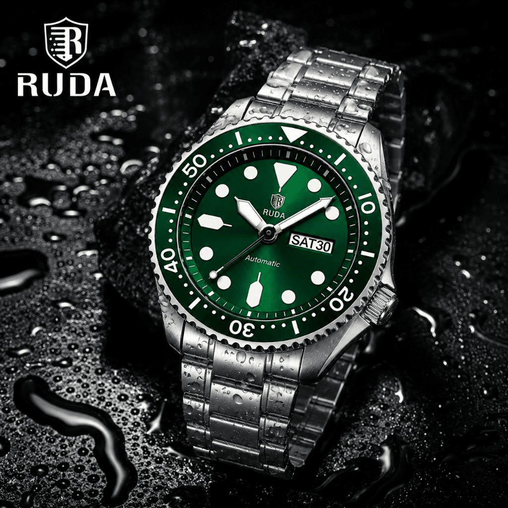 RUDA Quartz Like Automatic Diver Green Watch Pria Original | Stainless Steel Waterproof | Jam Tangan
