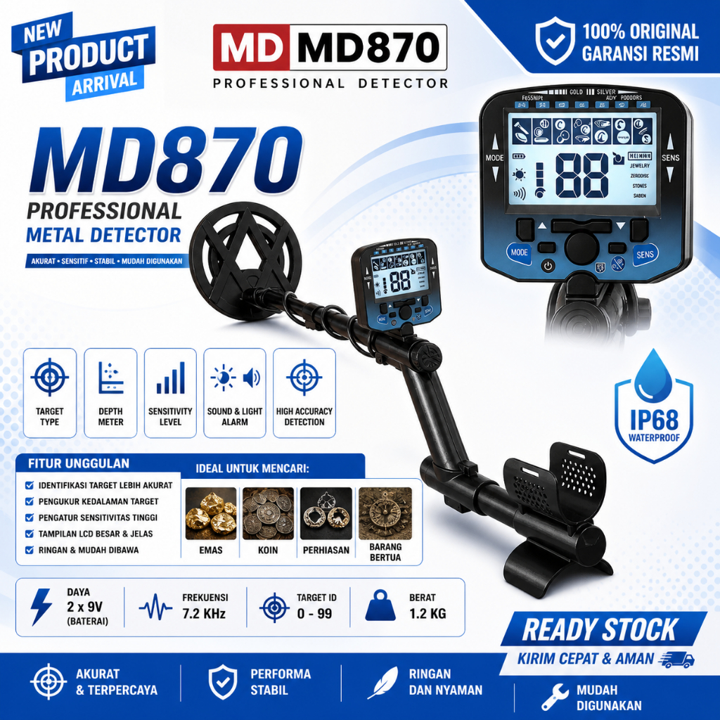 Metal Detector MD870 Profesional Pencari Emas & Logam Dalam Tanah Coil Sensitif Pendeteksi Logam Ema