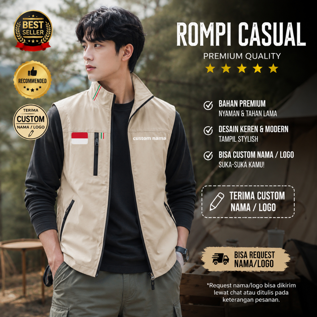 ROMPI VEST PRIA TERIMA CUSTOM NAMA & LOGO DEPAN BELAKANG - ROMPI PRIA ANTI ANGIN BISA REQUEST DESAIN