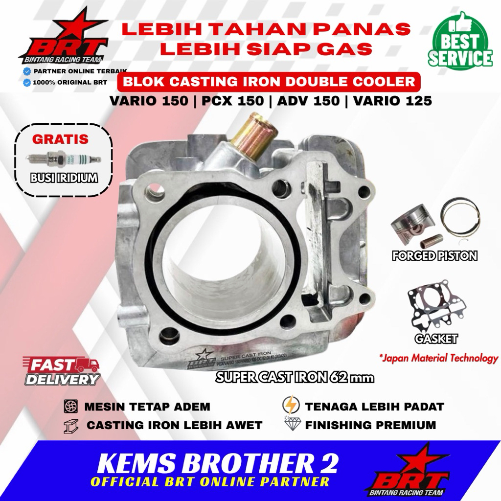BLOK PCX BRT ADV VARIO 150 VARIO 125 PISTON 62MM CASTING IRON DOUBLE COOLER GENERASI KETIGA GRATIS B