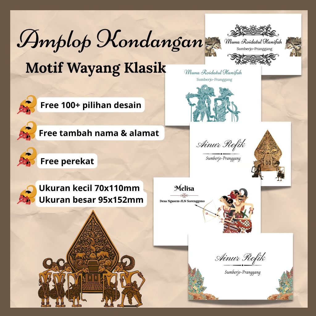 25 pcs Amplop Custom Motif Wayang – Cetak Nama | Kondangan Adat, Syukuran, Hadiah Uang | Kertas Teba