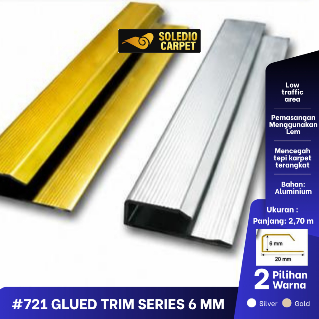 SOLEDIO - #721 ALUMINIUM Model Glued Trims 6 MM Lis Pinggiran Karpet PVC Pembatas Keramik dan Granit
