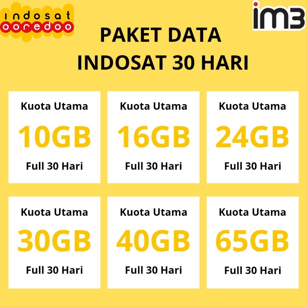 PAKET DATA INDOSAT IM3 30 HARI | 3GB 7GB 10GB 16GB 24GB 30GB 40GB 65GB 100GB