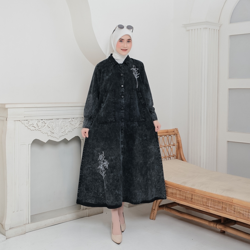 Jasmine Dress - Gamis Jeans Bordir bahan Jeans wash lembut