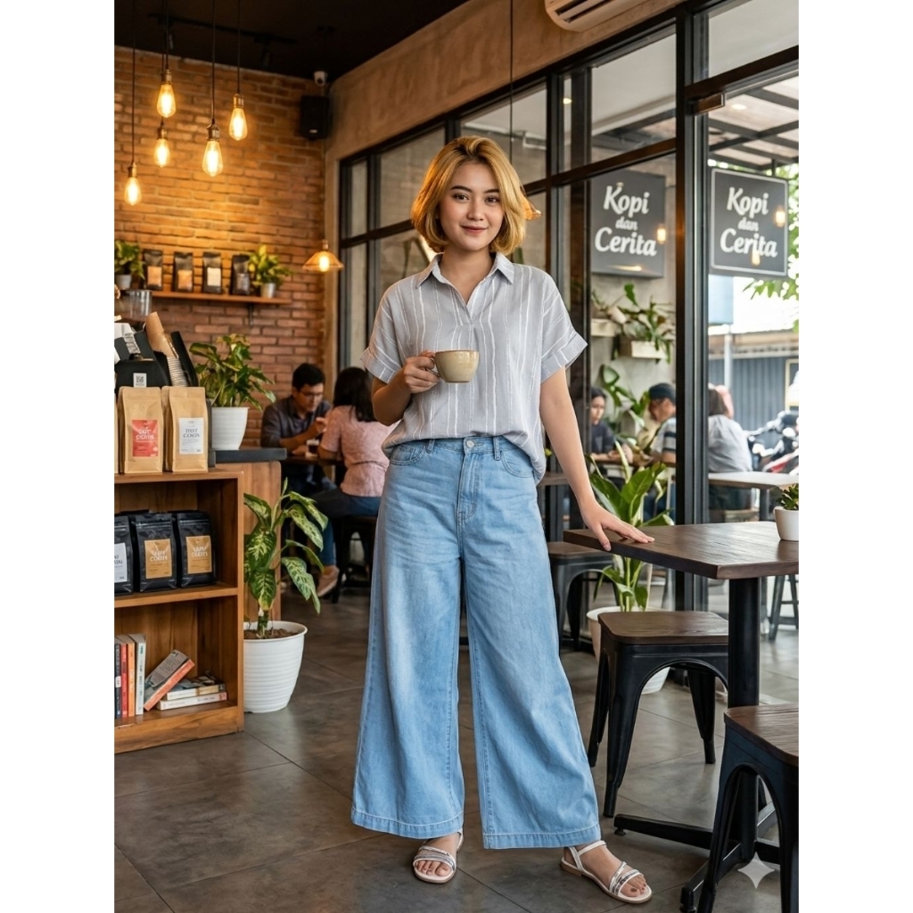 Kemeja Wanita Abu Motif Salur Vertikal Preloved LD 110cm P 66cm - Adem