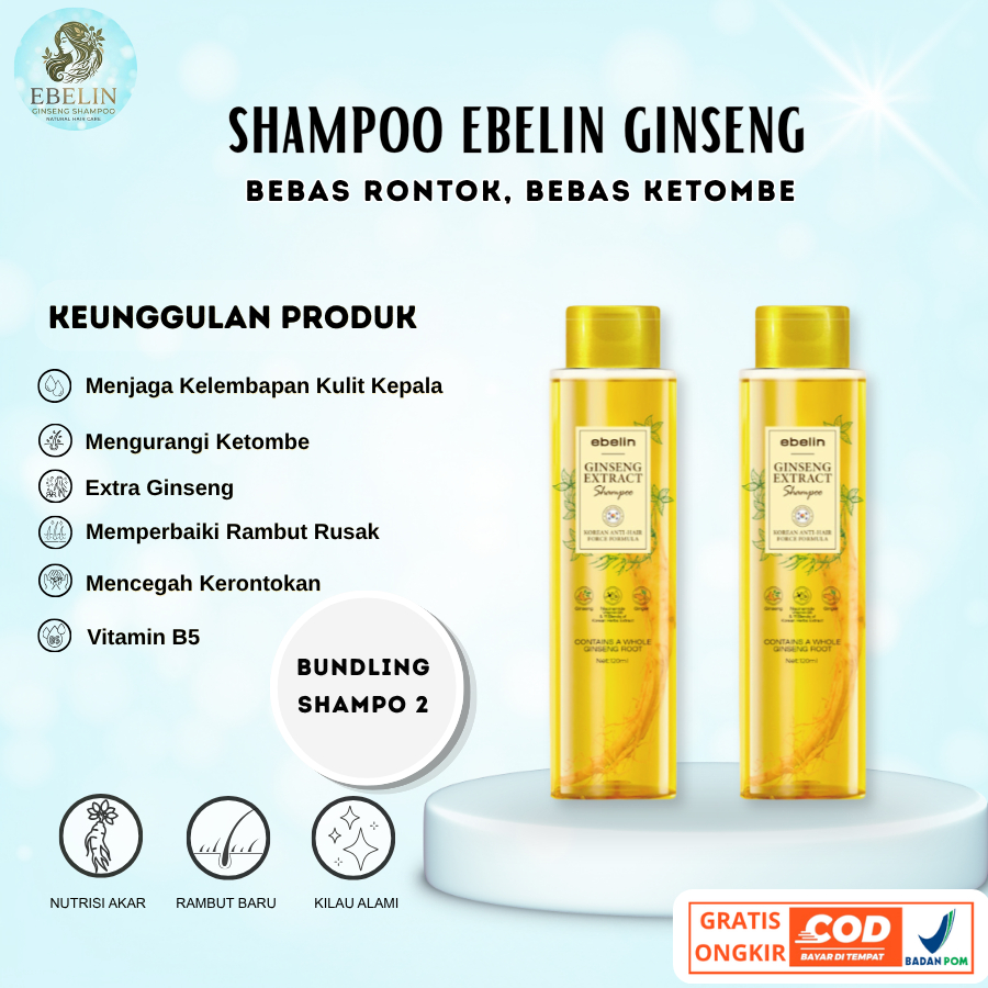 Paket 2 Botol Ebeli Shampoo Ginseng Extract - Perawatan Rambut Herbal Alami Original Menutrisi Akar 