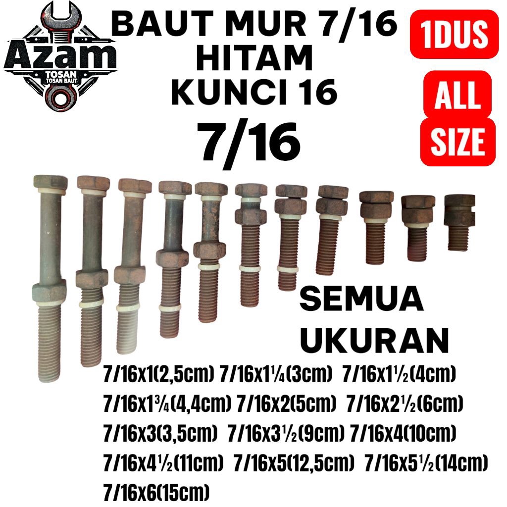 [1DUS] BAUT HITAM 7/16X 1INCH - 6INCH BAUT UNC BAUT NC BAUT KUNCI 16