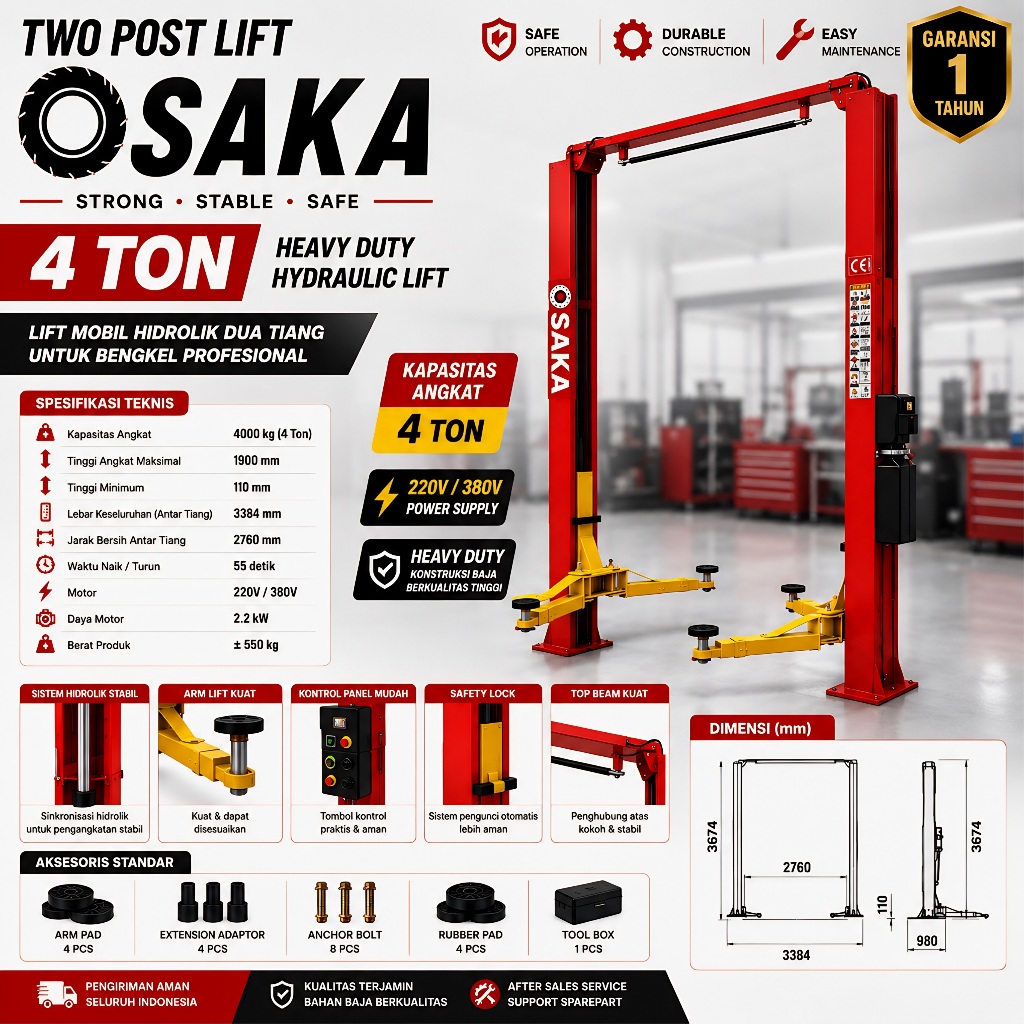 Two Post Lift saka 4 Ton Hydraulic Car Lift Bengkel Mobil 220V/380V