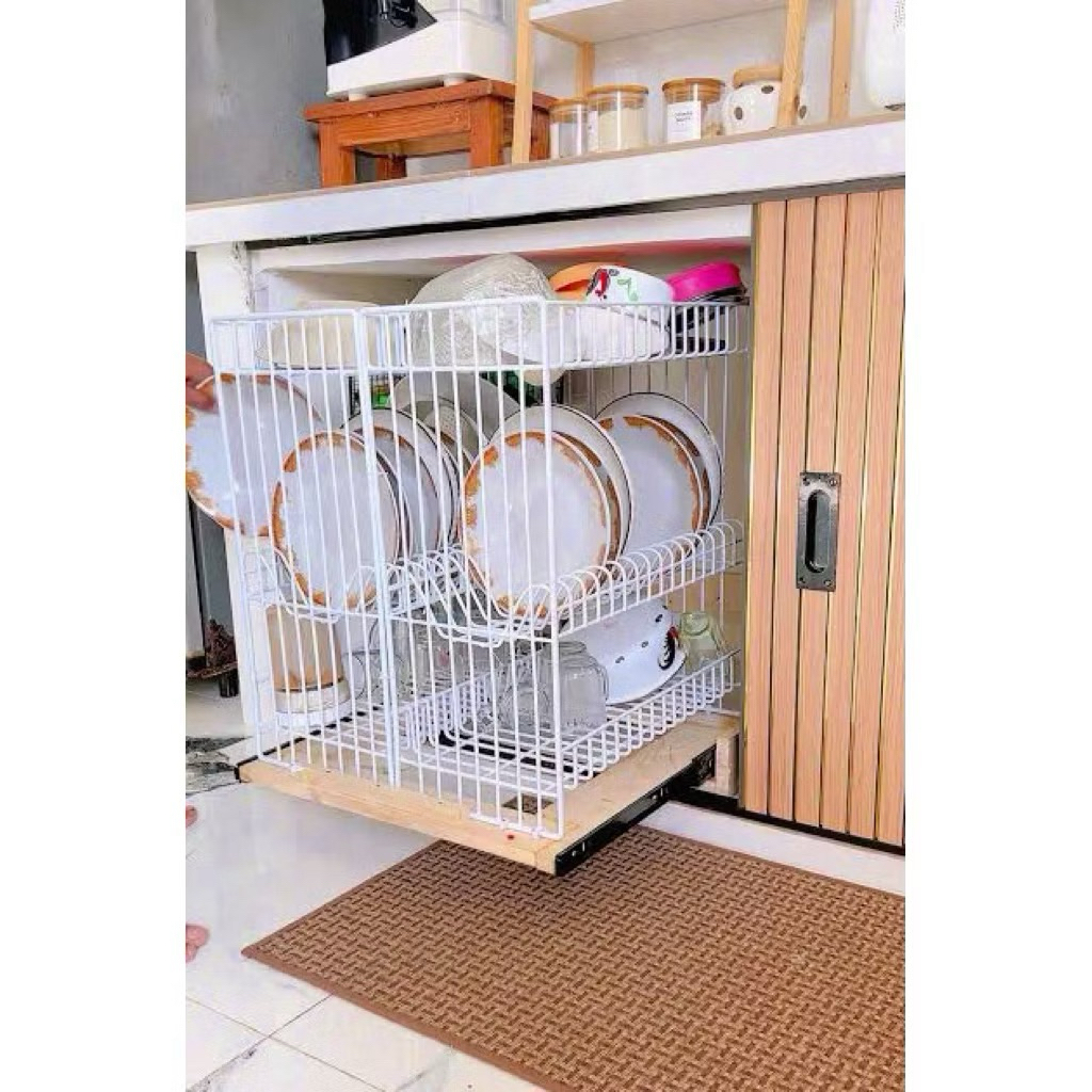 Dudukan Tatakan Rak Piring Tarik Dorong Bawah Kitchen Set Kayu Jati