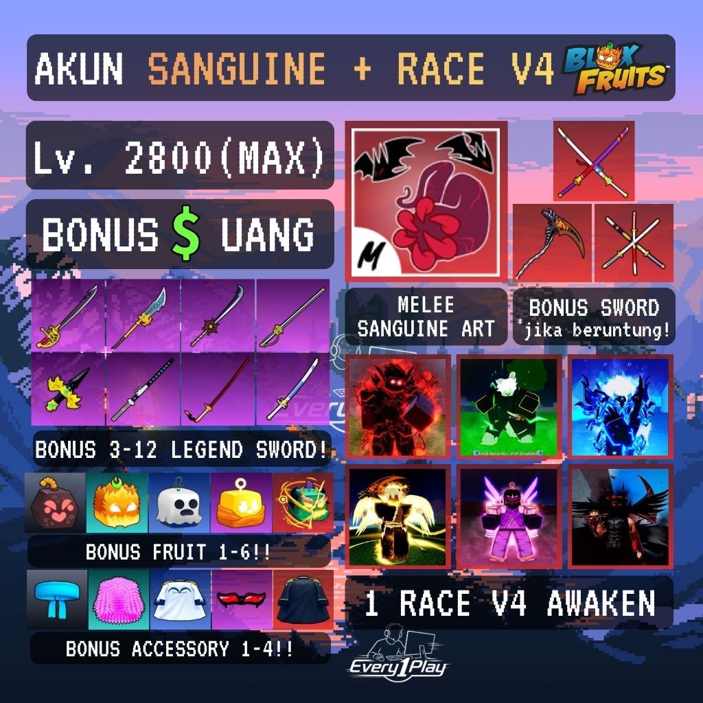 Akun Blox Fruit SANGUINE ART + RACE V4 Level Max - Akun Roblox Blox Fruit Lv Max - Akun Blok Fruit M
