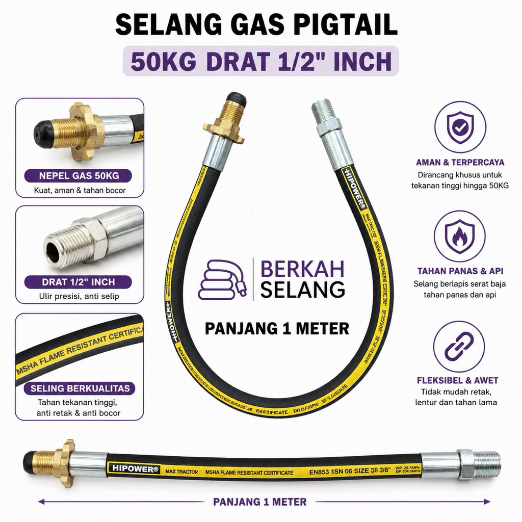 SELANG TABUNG GAS HIPOWER | DRAT 1/4” 1/2” | PIGTAIL 50KG HOSE SERAT KAWAT BAJA HIGH PRESSURE 1 METE