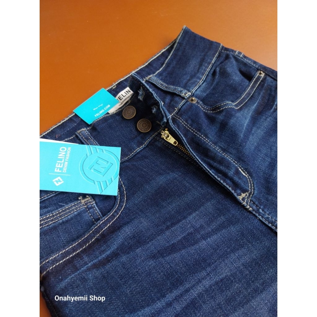 celana  jeans wanita highwaist felino deep blue whisker