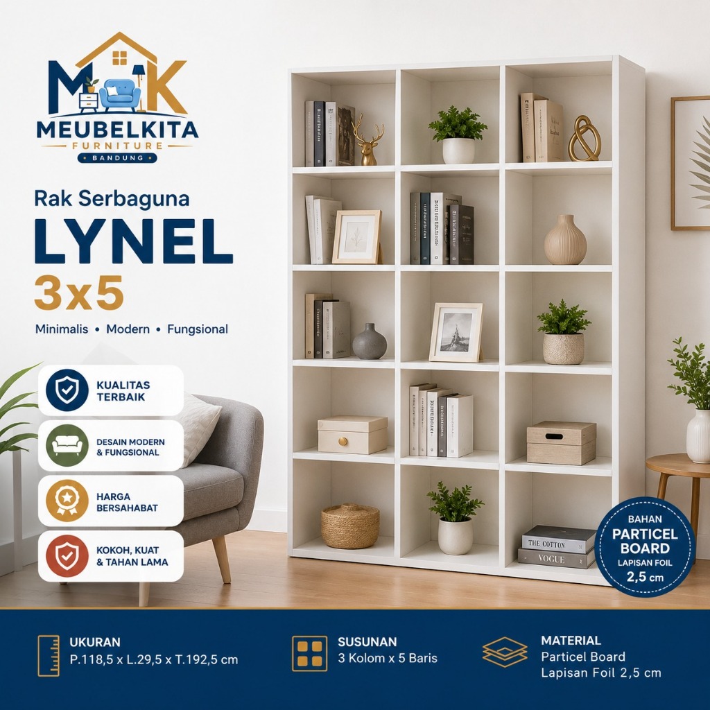Rak Serbaguna Lynel 3x5 Olympic | Lemari Buku Minimalis 15 Kotak | Rak Multifungsi Partikel Board Te