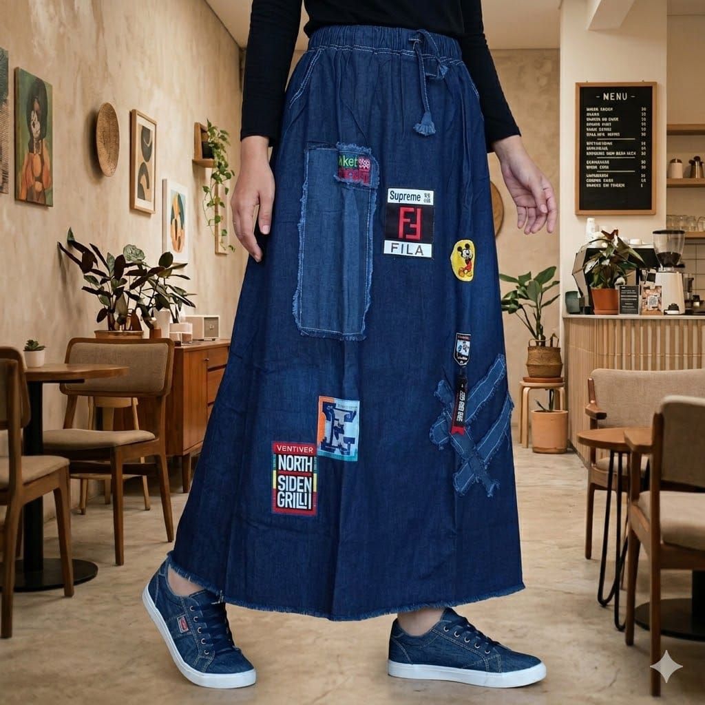 Rok Jeans Dewasa Klok A Variasi tempel