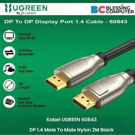 Kabel UGREEN 60843 DP 1.4 Male To Male Nylon 2M Black