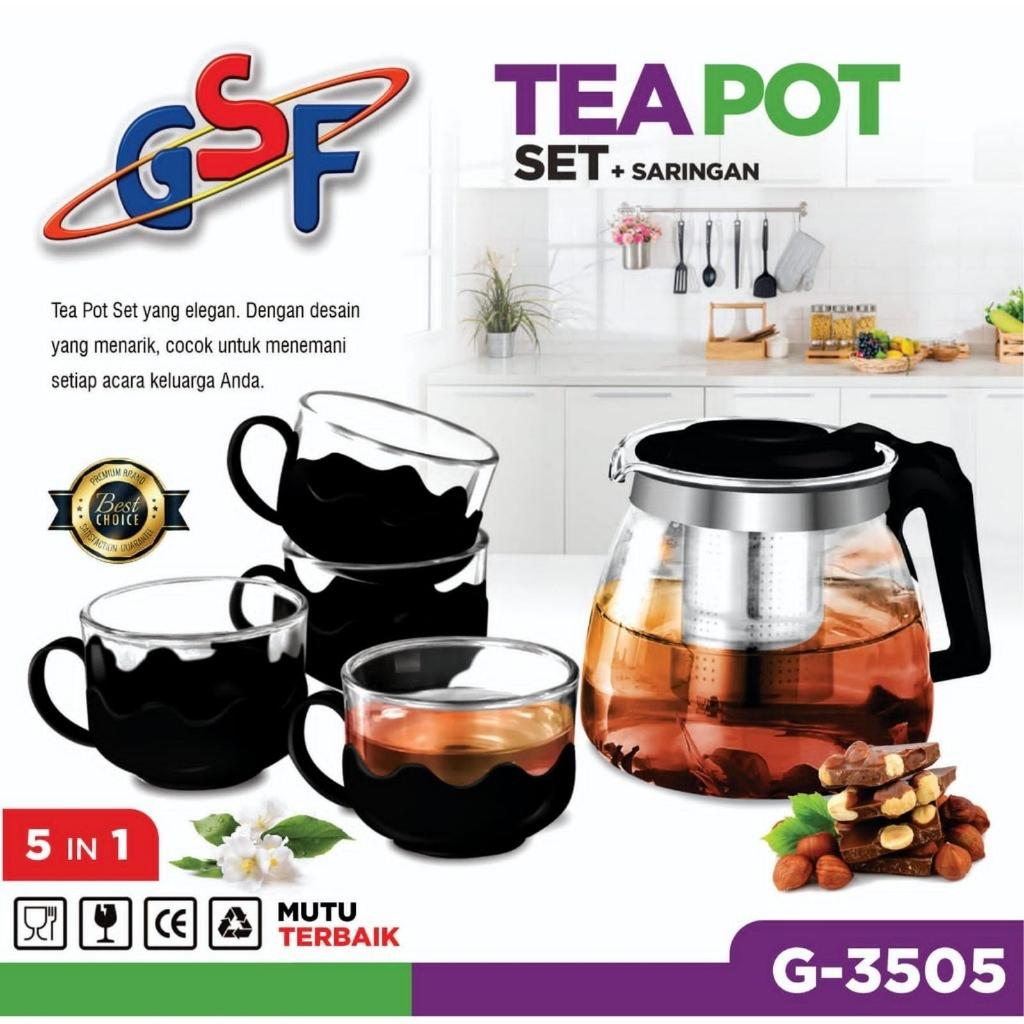 Tea Pot -Teko Kaca Set + Saringan Teh 5 PCS 5 IN 1/ GSF 3505 Hitam