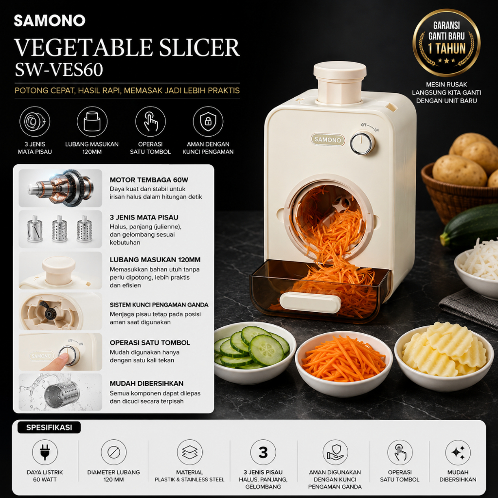 SAMONO Pemotong Sayur Keripik Otomatis 60 Watt 3 Model Pisau Mesin Pembuat Kentang Mustofa Keripik S