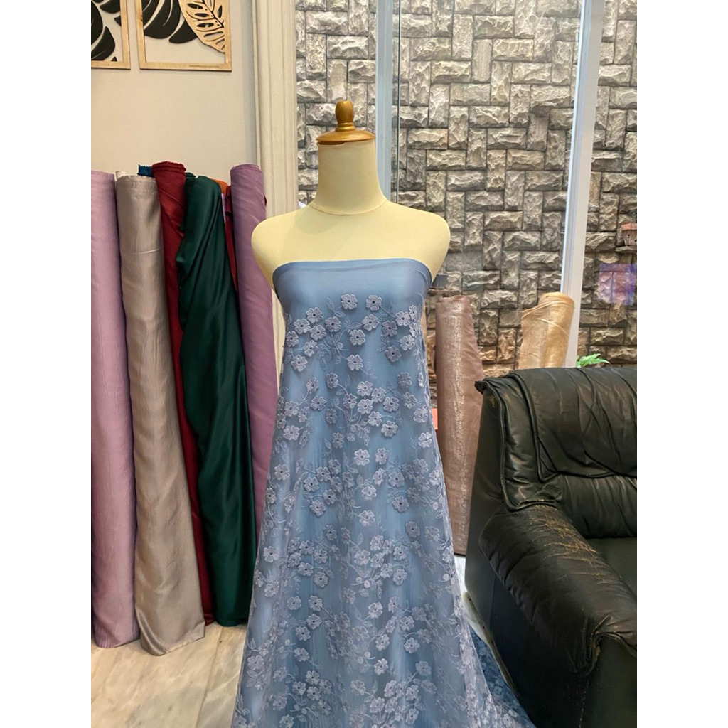 Bahan Brokat Brukat Tile Bordir Sakura Motif Bunga Kecil Halus Lembut Warna Blue Denim Biru