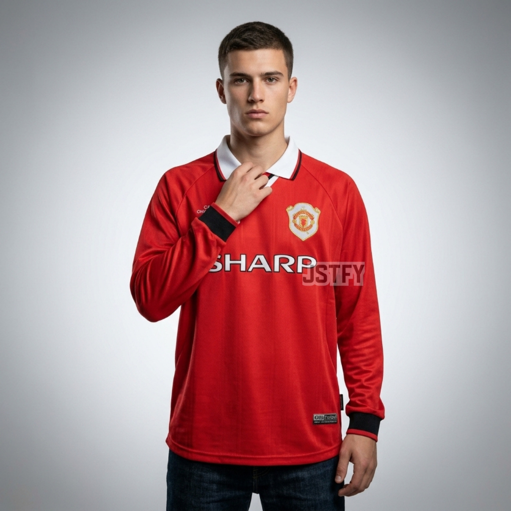 Jersey Retro LongSleve Mnchstr Untd Home 1998 1999 Long Sleeve LS Lengan Panjang Sharp Final UCL Cam