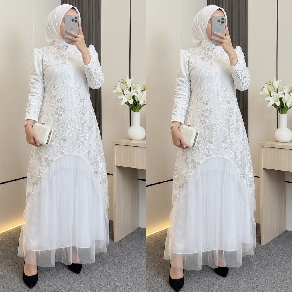 Gamis Putih Busui Binor Payet Kombinasi Tile Tutu Payet Daun Baju Muslim Vima 71501