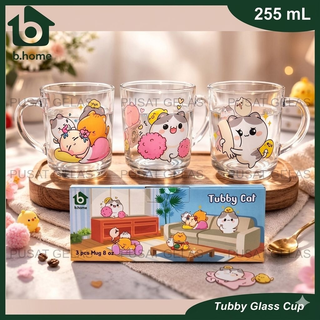 1 SET ISI 3 PCS CANGKIR KOPI KACA TUBBY CAT/GELAS CANGKIR KOPI SET/GELAS KACA SET/GELAS LUCU/GELAS G