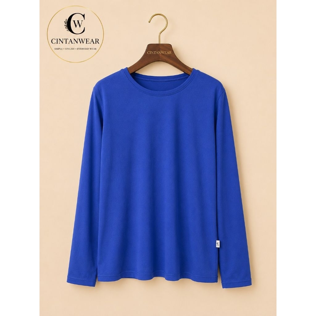Kaos Basic Wanita Lengan Panjang Polos Premium Stretch Casual Korean Style Biru Elektrik