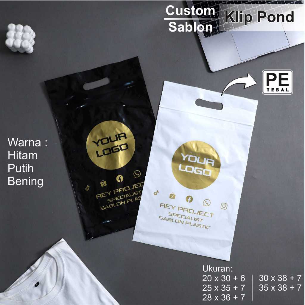 Sablon Plastik PE Klip Pond gagang warna Putih Hitam Bening ouval Ctik 50micron Premium kemasan Baju
