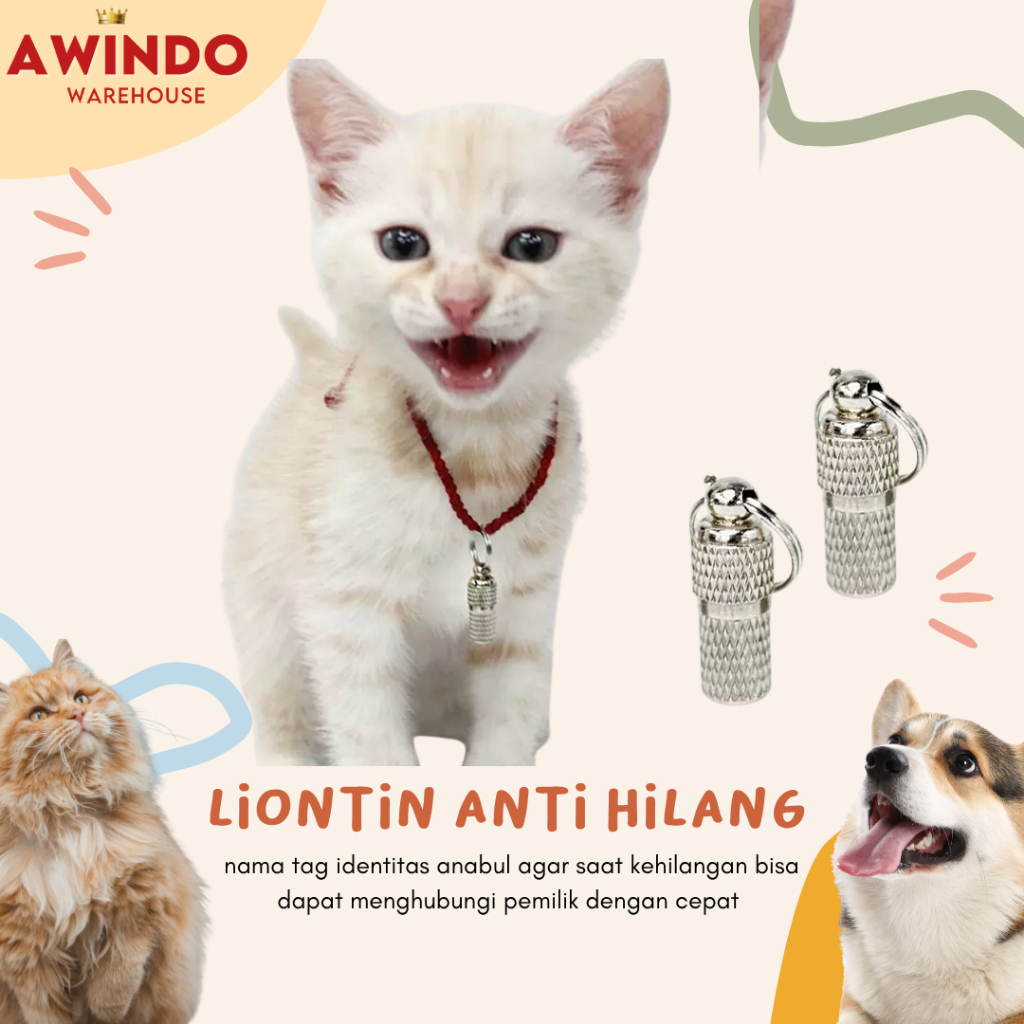 AWINDO LIONTIN ANTI HILANG - Kalung Kucing Custom Nama Tag Pet Tag Stainless