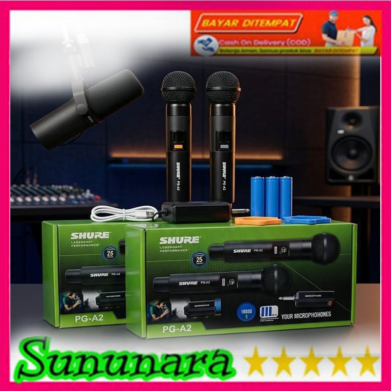 SUNUNARA Best Seller Mic Wireless Shure PG A2/ PG 602 GOLD/HITAM Double Handheld – Kualitas Vokal Ma