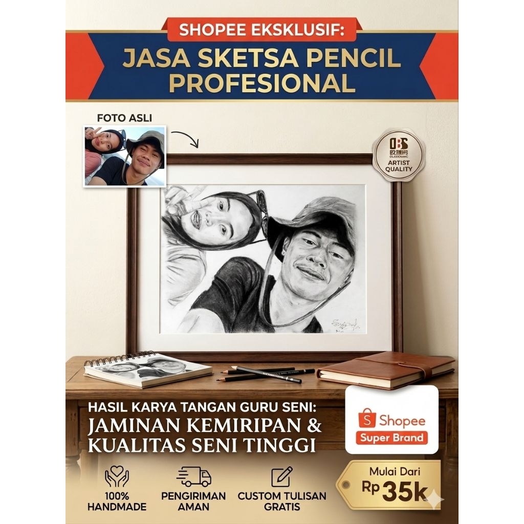 Custom Sketsa Wajah Couple A4 gratis bingkai- Lukisan Pensil Asli Handmade untuk Kado Ulang Tahun & 