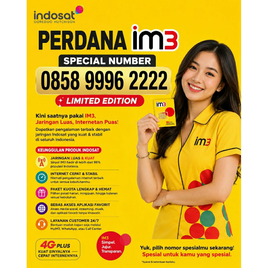 PERDANA INDOSAT IM3 NOMOR SUPER NOMOR CANTIK TRIPLE KWARTET  9996 2222
