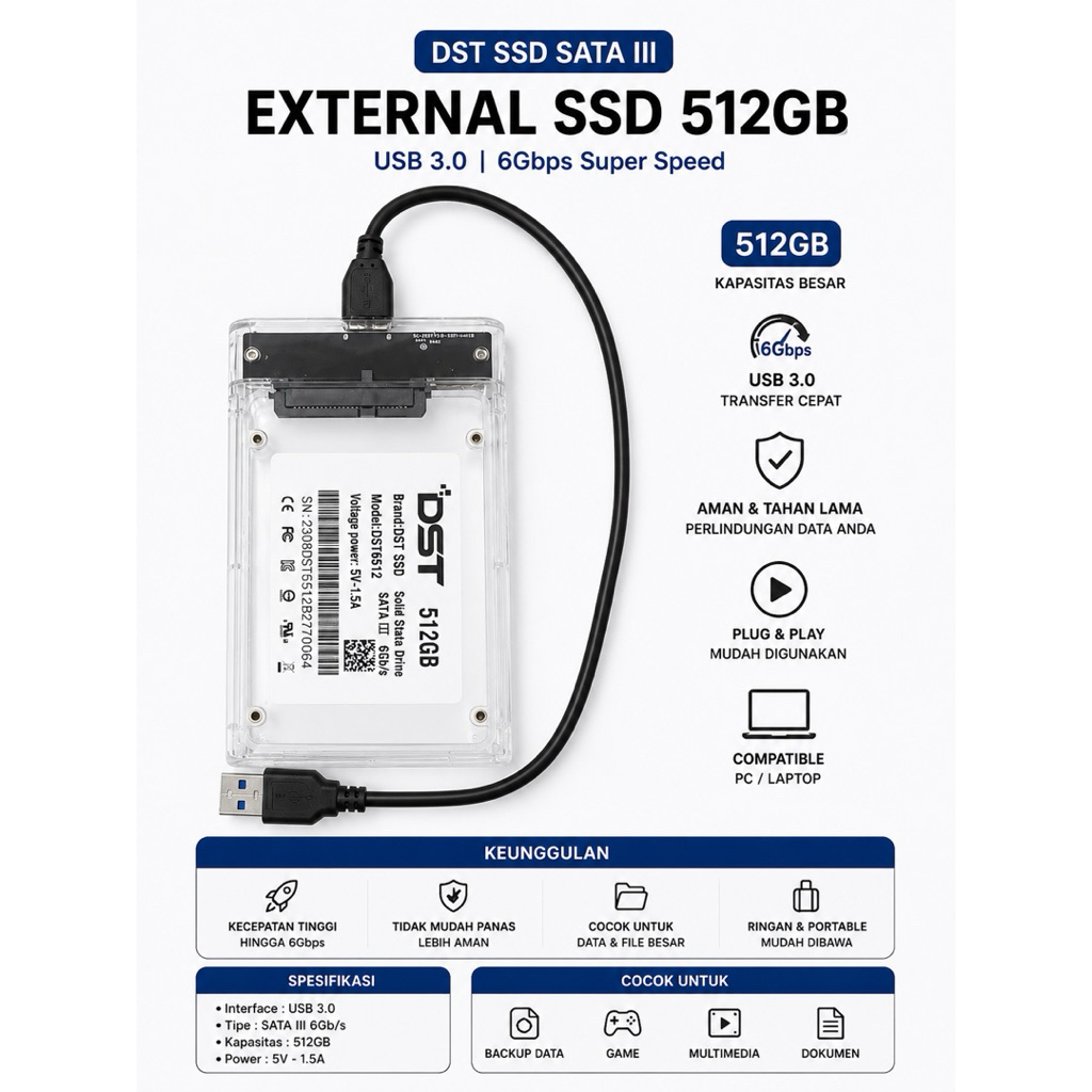 External SSD DST 512GB USB 3.0 Transparent Case
