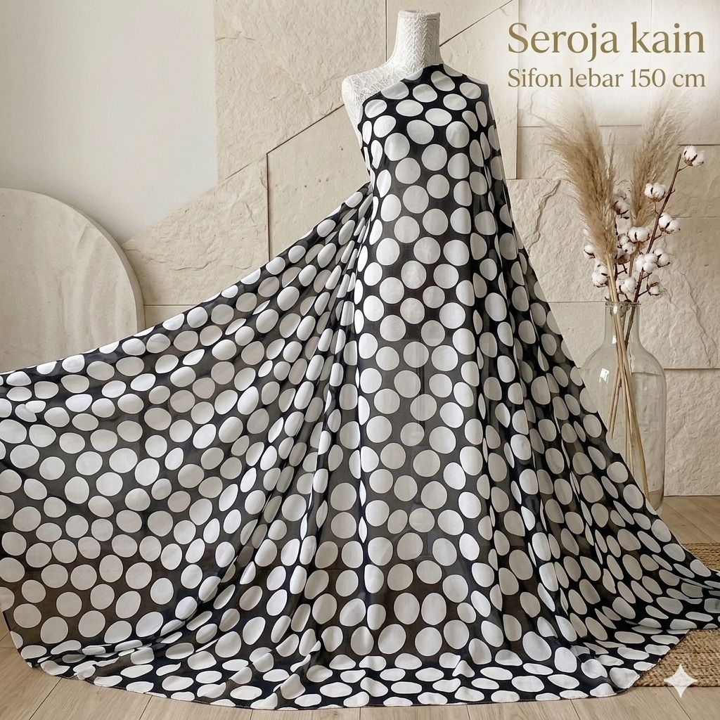 SEROJA - Kain Sifon Ceruty Motif Polkadot Besar Black & White - Bahan Gamis Dress Premium - Lebar 15