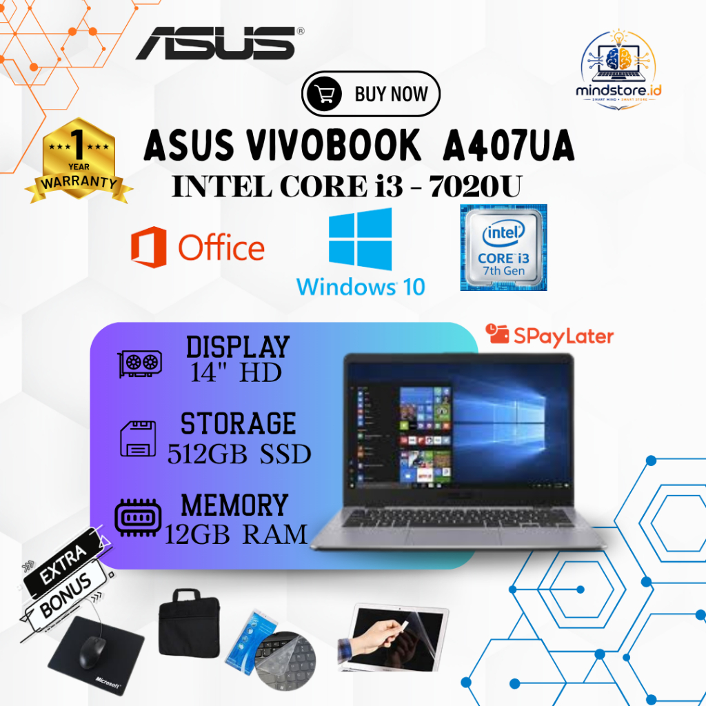 LAPTOP ASUS  VIVOBOOK A407UA | INTEL CORE i3 - 7020U | RAM 12GB SSD 512GB | WINDOWS 10+OFFICE