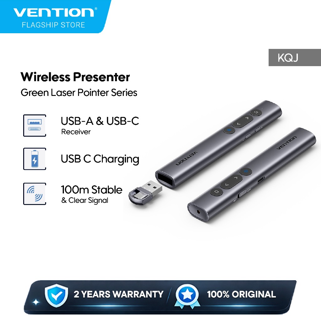 Vention Wireless PowerPoint Presentation Green/Red Laser Pointer 2.4Ghz USB C Charging/Battery - KQJ