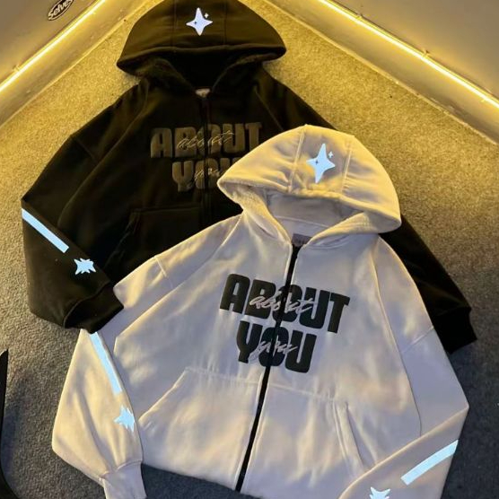 ABOUT YOU Vol.1 HOODIE BOXY DOUBLE ZIPPER REFLEKTIF PLASTISOL PUFF INK 300 GSM KUPLUK SHERPA DELAROC