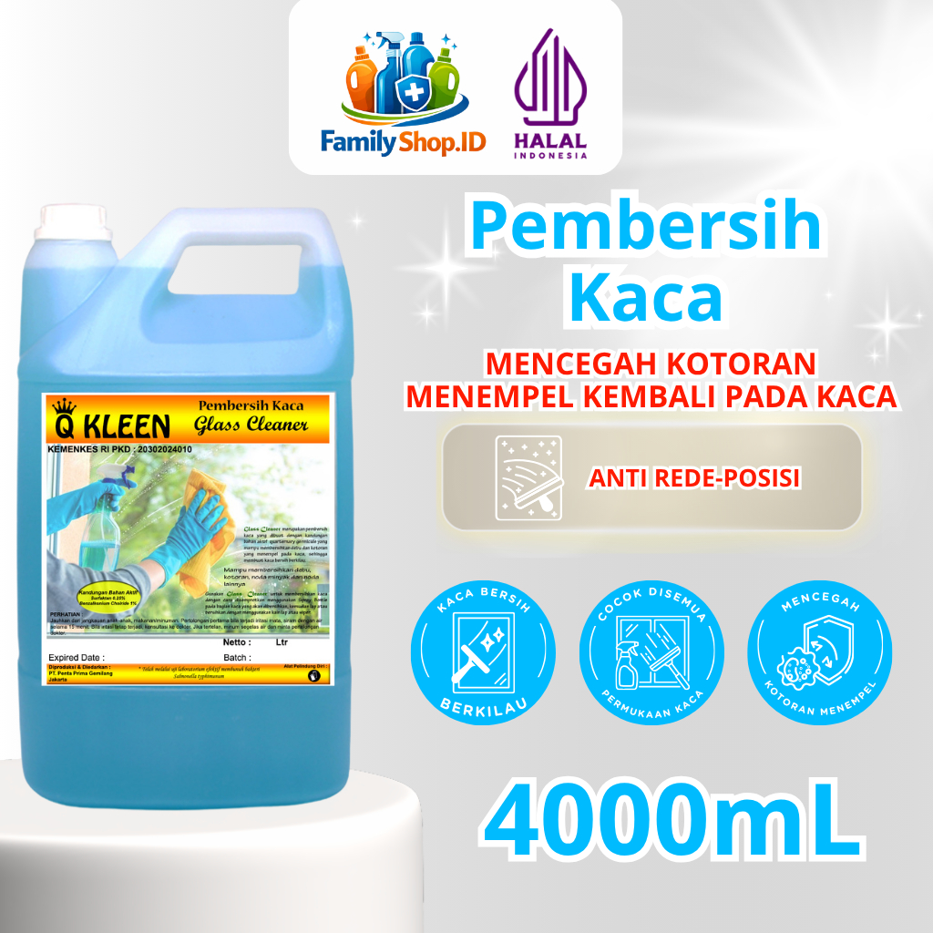 Pembersih Kaca 4 Liter Q KLEEN HALAL Anti Redeposisi Bersih Tanpa Noda Mencegah Kotoran Menempel Kem