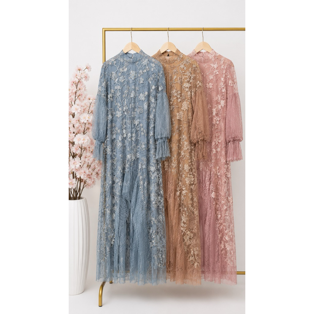 Amora Lacely Tulle Dress Gamis Brokat Embordery 3D | Dress Kondangan Mewah Lengan Balon